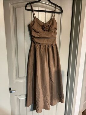 Brown Spaghetti-Strap Midi Dress with Rosette Accent